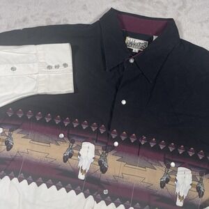Express Rider‎ Aztec Bull Skull Pearl Snap White Shirt Mens Large Rodeo Cowboy
